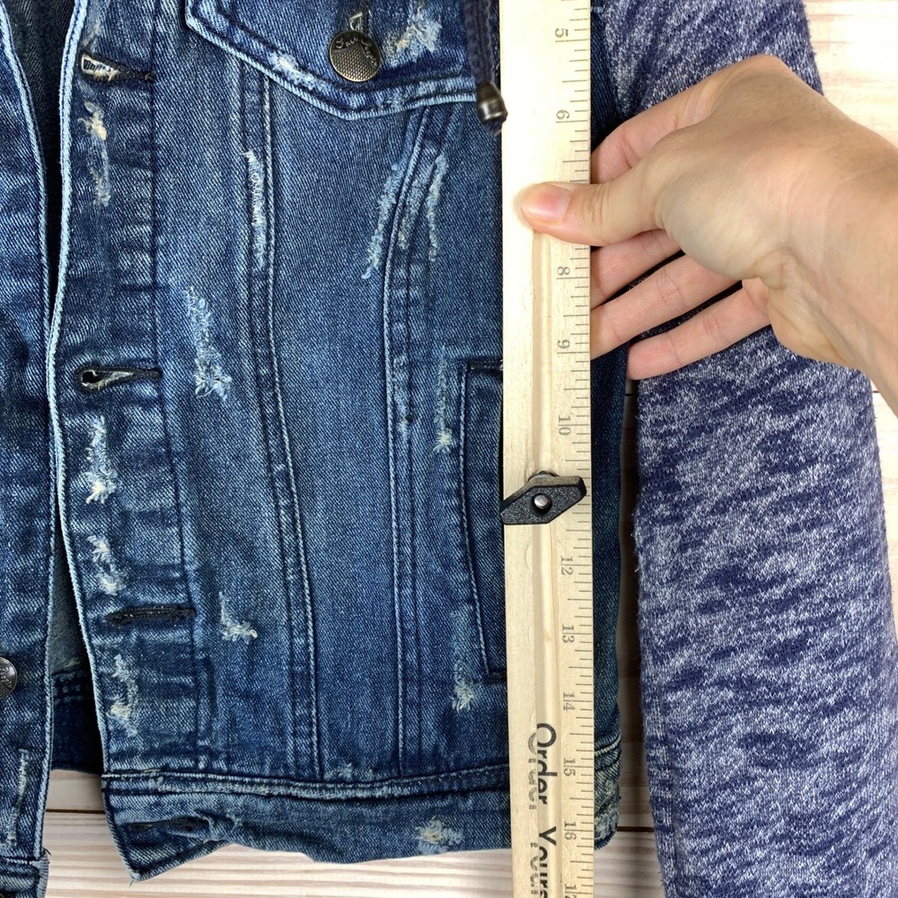 Free People Denim Cropped Jacket XS Hoodie Distressed‎ - Picture 6 of 14
